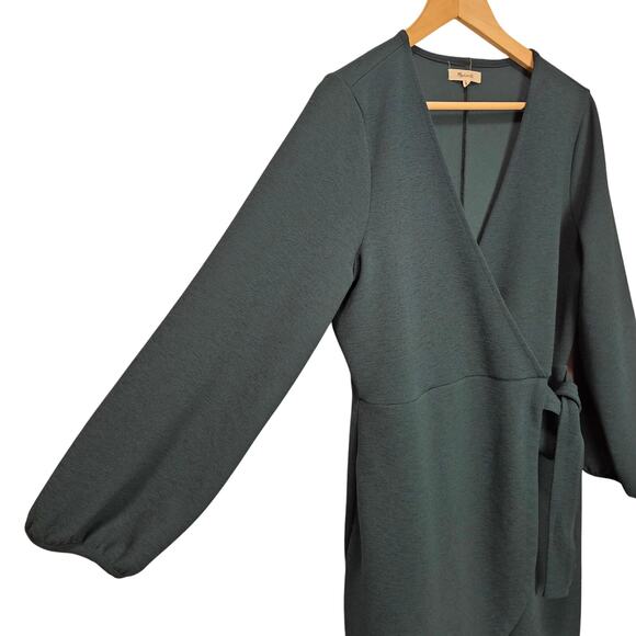 Madewell Faux Wrap Long-Sleeve Side-Tie Mini Stretch Dress Green Size XL - Picture 5 of 13